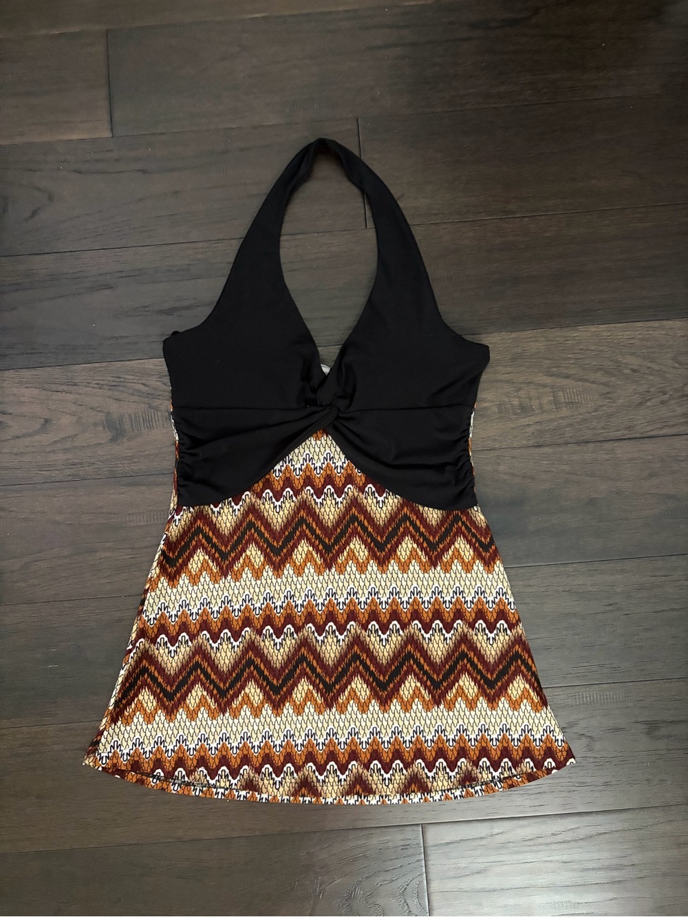 Halter Top with Patterned Knit Skirt — Black and Brown Pattern